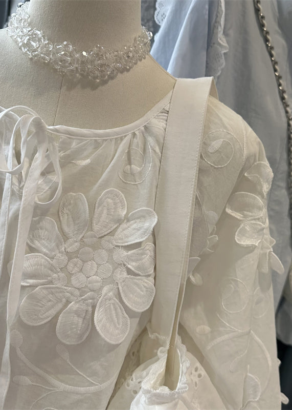 White Lace Up Cotton Blouses Top O Neck Fall