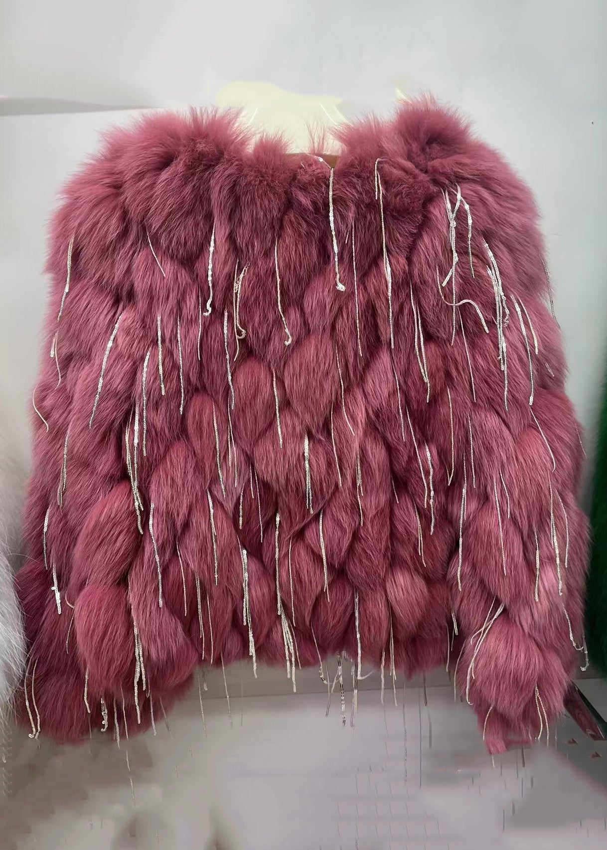 Green Tasseled Original Design Leather and Fur Coats Spring