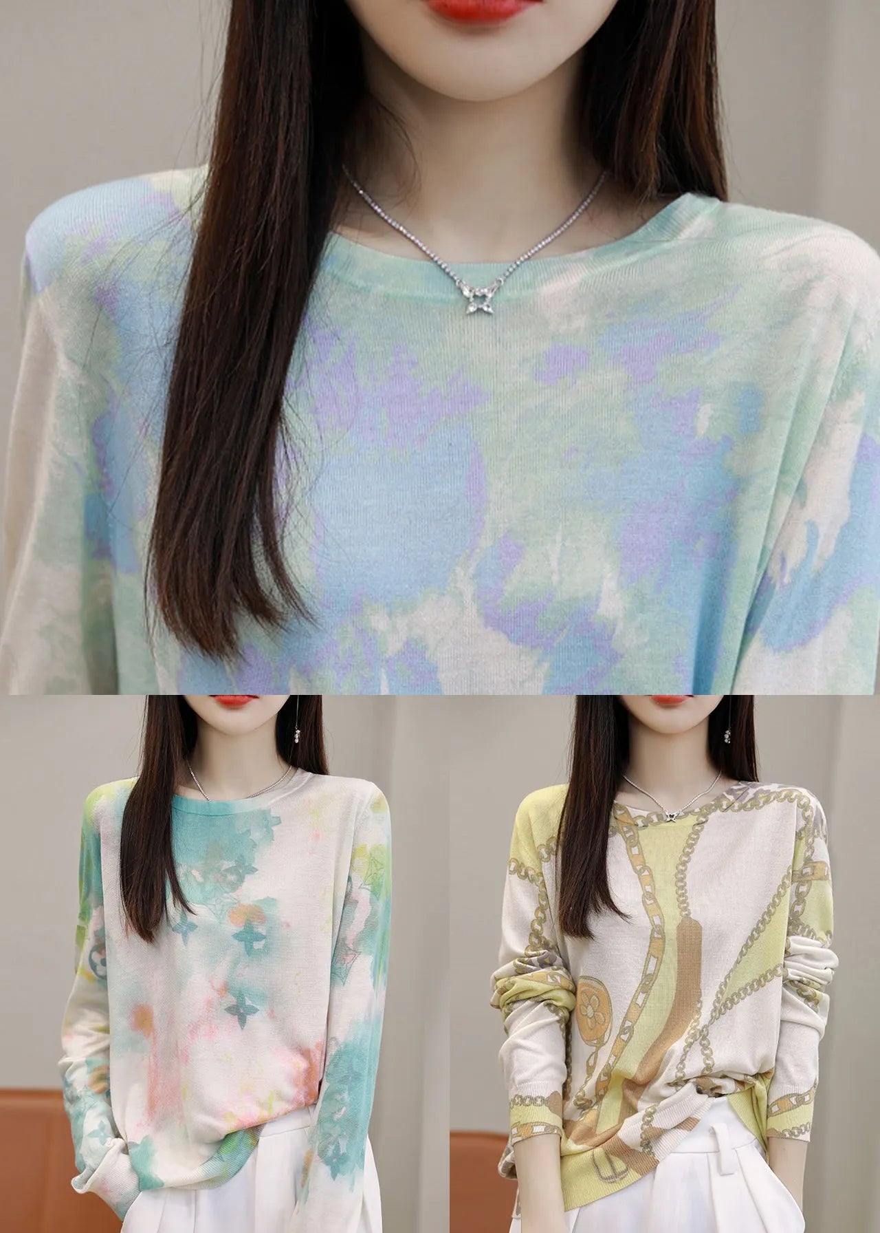 Green O Neck Print Silk Cotton T Shirt Spring