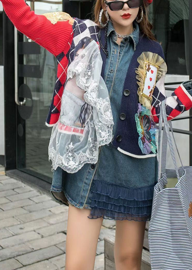 Red Knit Patchwork Denim Ruffled Fall Long Sleeve Coat
