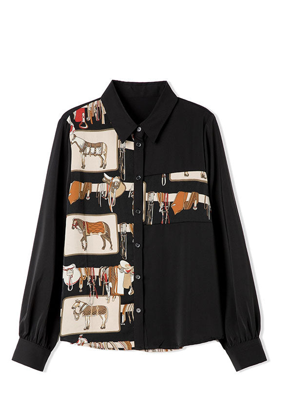 Natural Black Long Sleeve Patchwork Spring Shirt Tops