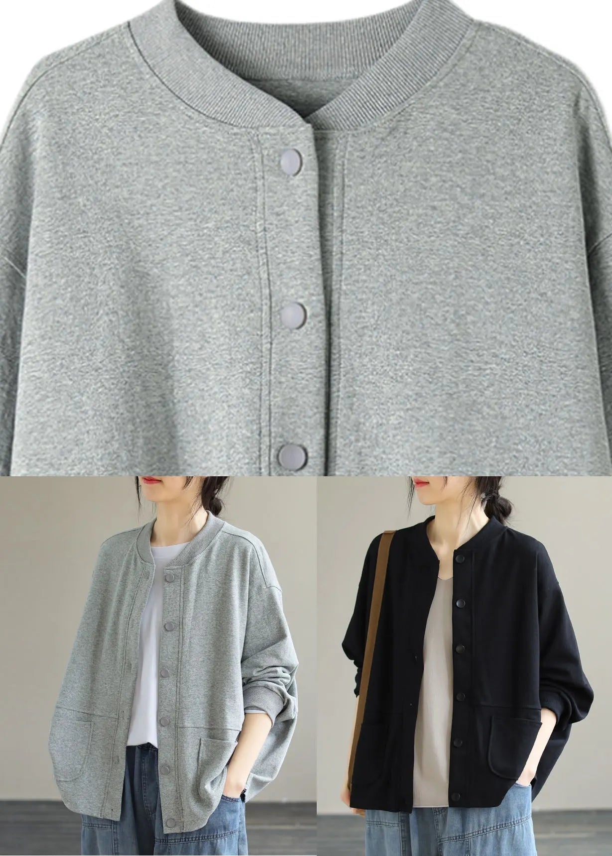 Brief Grey O-neck Button Cotton Coat Long Sleeve