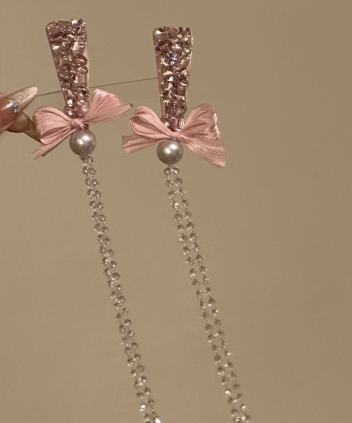Novelty Pink Alloy Bow Zircon Tassel a Pair Hairpin
