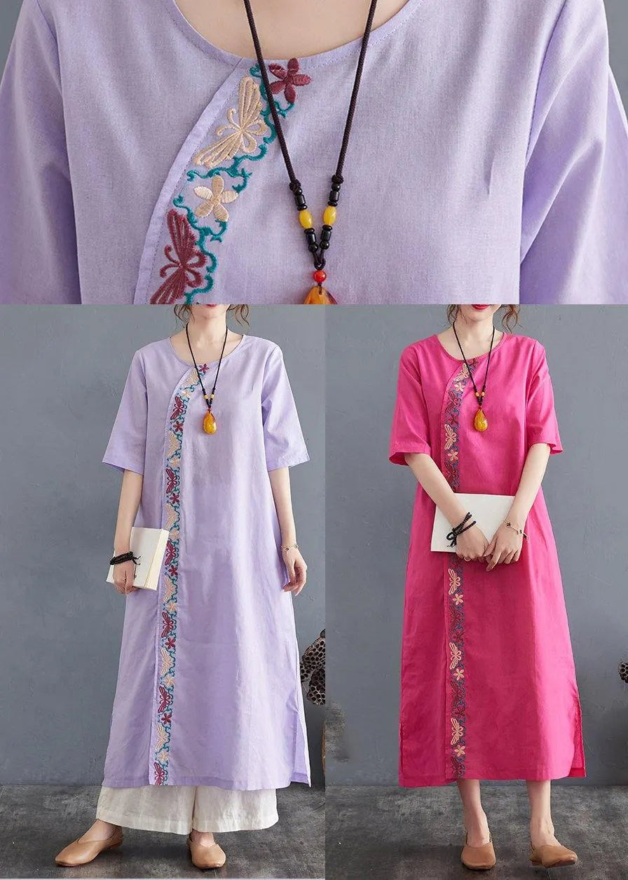 Comfy Comfy Light Purple Embroidery Cotton Linen Maxi Summer Dress