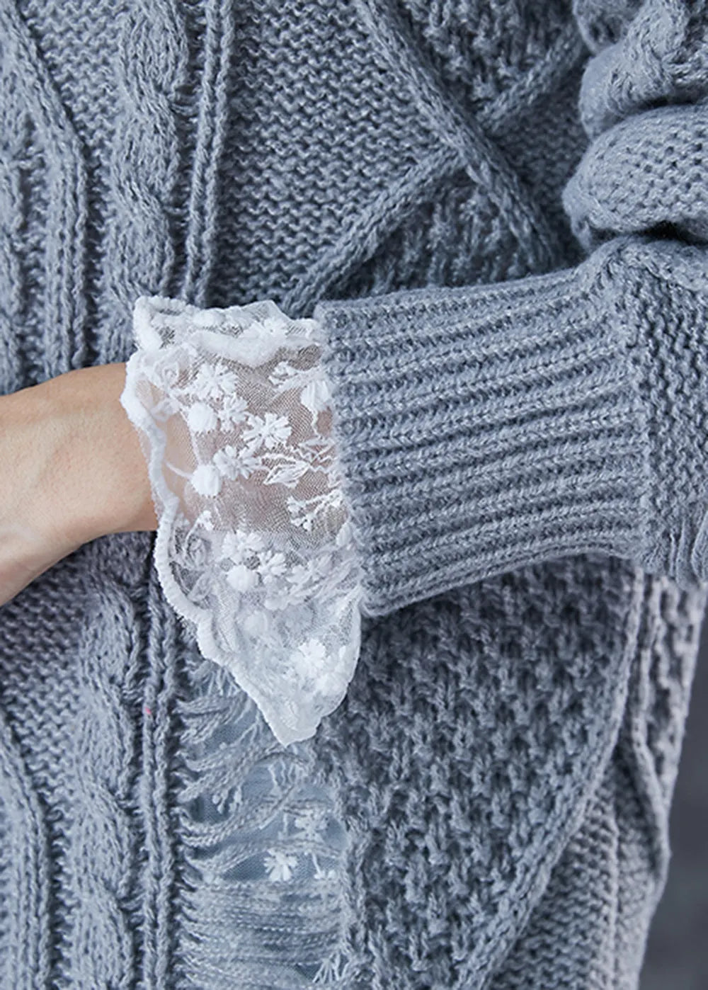 Grey Hollow Out Knit Ripped Sweater Dress Winter