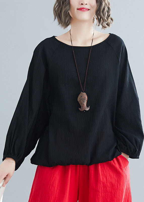 Black O Neck Wrinkled Patchwork Cotton Top Spring