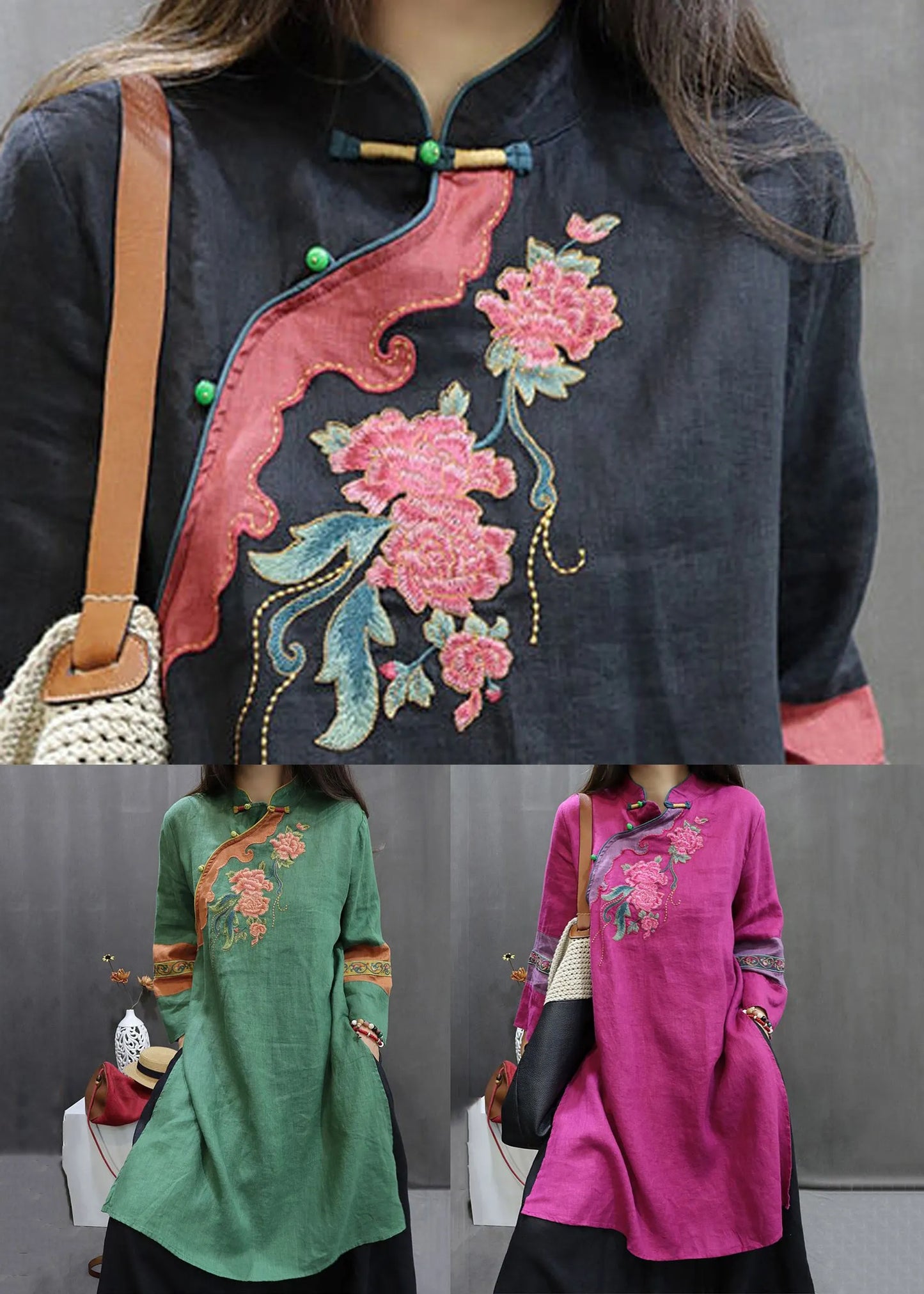 Loose Black Embroidered Side Open Linen Shirts Fall