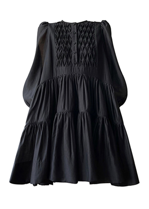 Black O-neck Print Silk Mid Dress Long Sleeve