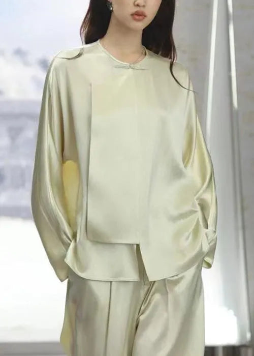 New Light Green O-neck Button Silk Pajamas Two-piece Set Long Sleeve