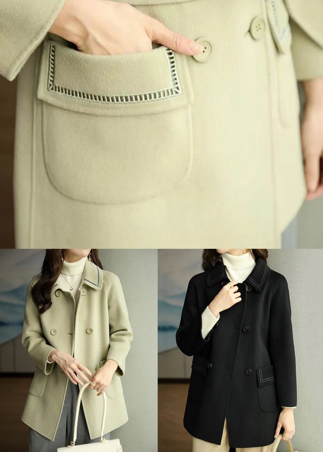 Light Green Peter Pan Collar Pockets Woolen Coats Winter