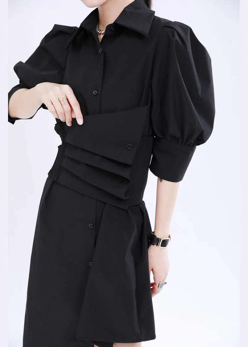 French Black Asymmetrical Design Color Cotton Shirt Dress Lantern Sleeve