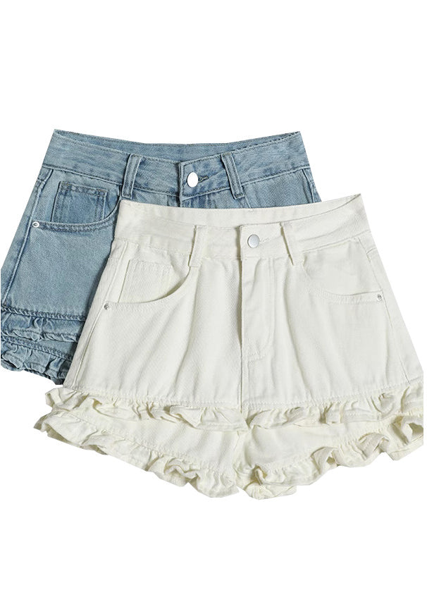 Blue Ruffled Patchwork Denim Shorts Summer