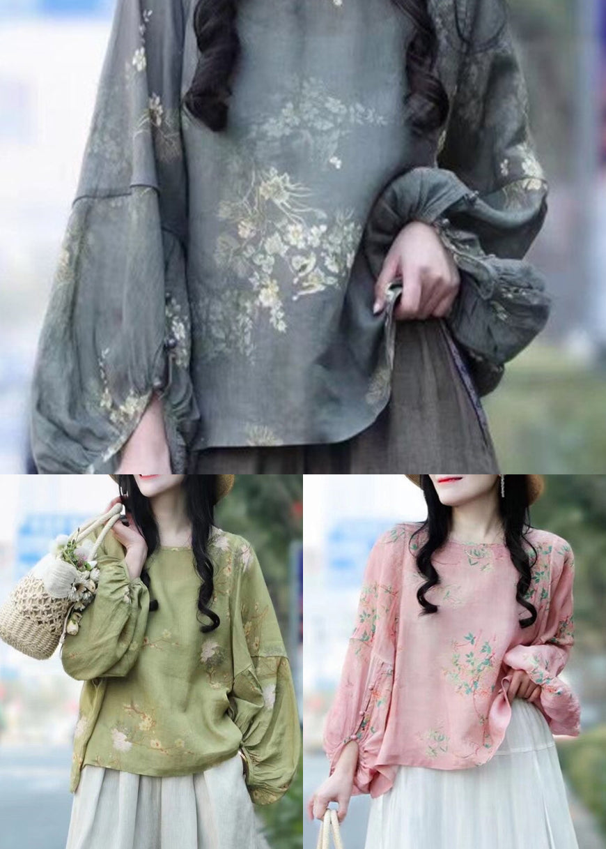 Grey Loose Linen Shirt Tops O-neck Batwing Sleeve