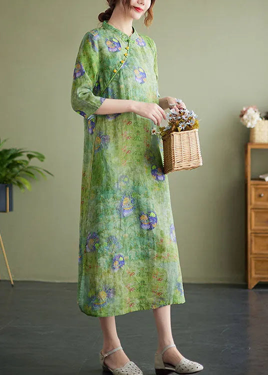 Green Stand Collar Print Side Open Cotton Linen Cheongsam Dress Half Sleeve