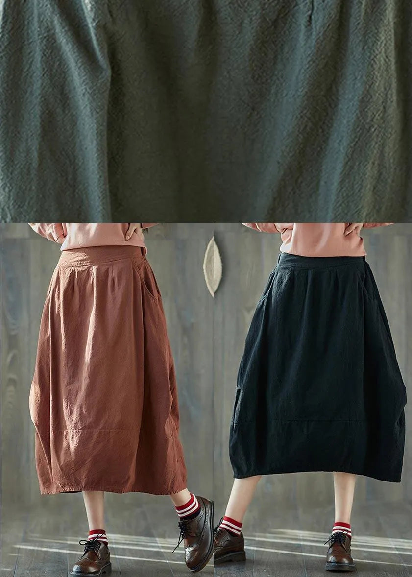 French Black Elastic Waist Lantern Cotton Linen Skirt Summer