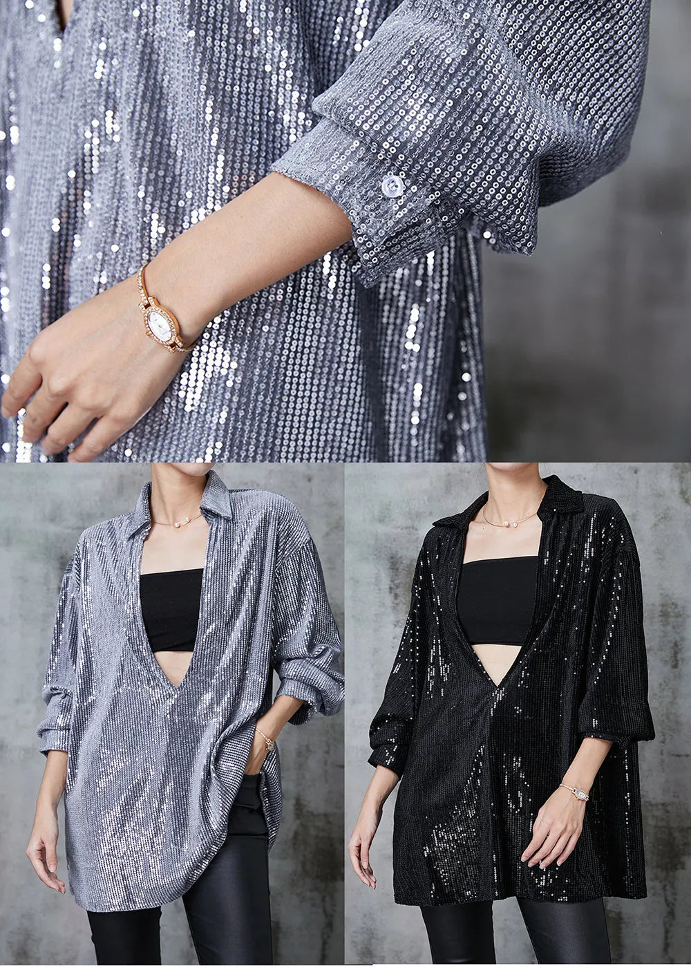 Style Silvery Deep V-neck Sequins Shirt Top Spring