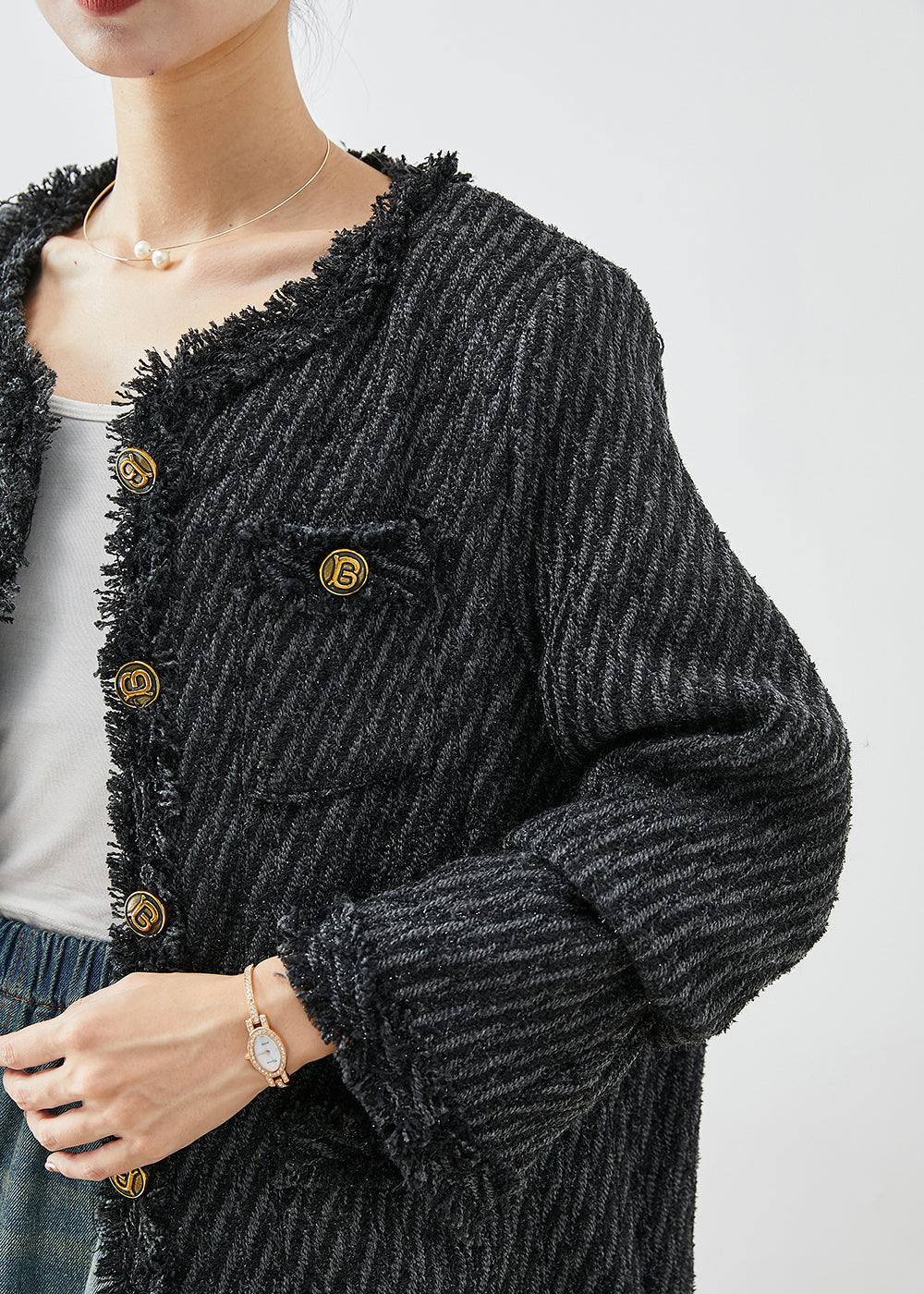 Dark Grey Tasseled Button Down Warm Fine Cotton Filled Jacket Winter