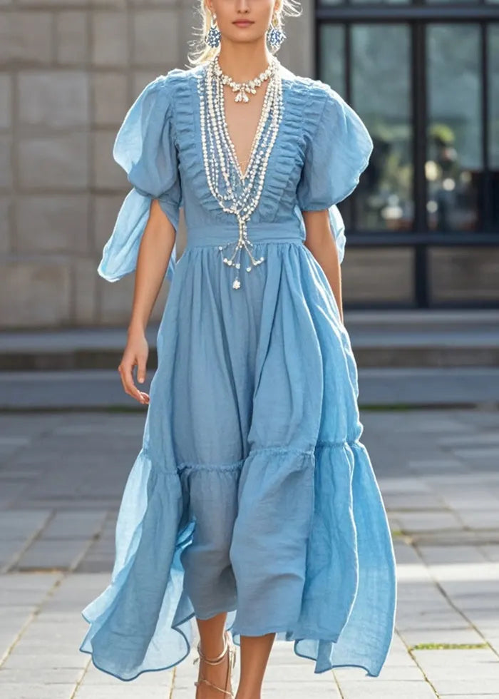 Sky Blue Puff Sleeve Nail Bead Cotton Long Dress