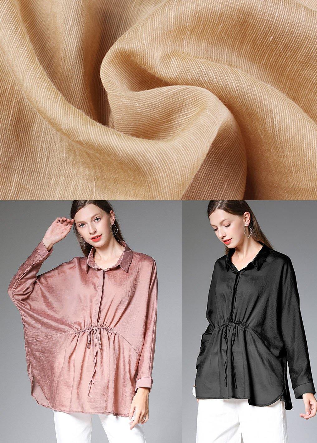 Black Wrinkled Tie Waist Fall Blouses Long Sleeve