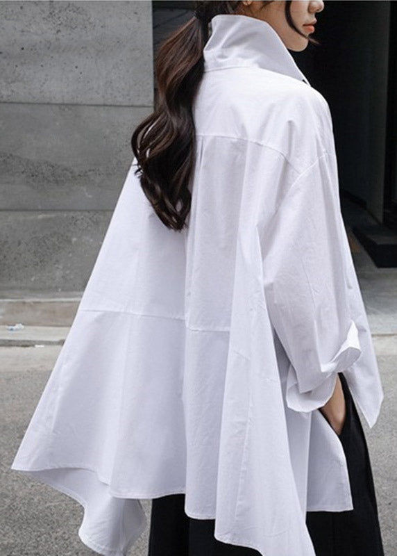 Natural White Peter Pan Collar Low High Design Button Pockets Cotton Shirts Long Sleeve Spring