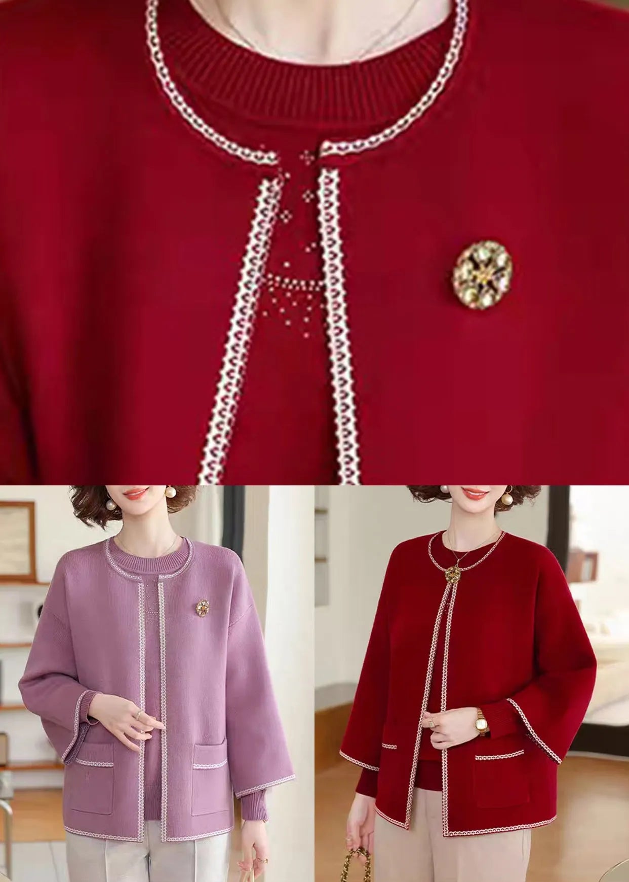 Red O-neck Cotton Knit Coats and Sweater Two Pieces Set Three Quarter Sleeve