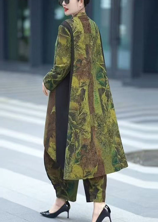 Green Button Patchwork Tops and Crop Pants Silk Two Pieces Set Fall