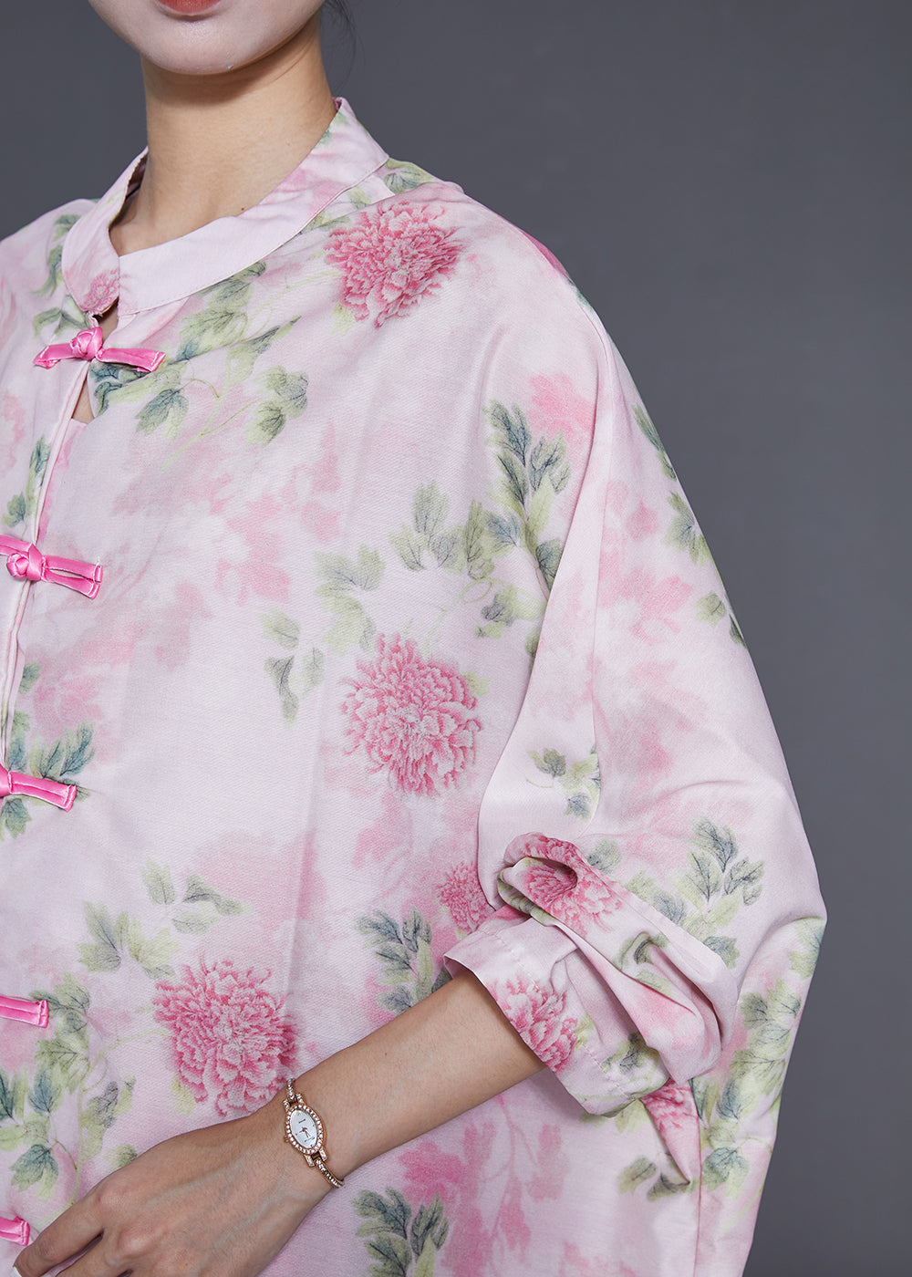 Pink Oversized Chinese Button Cotton Two-piece Set Spring