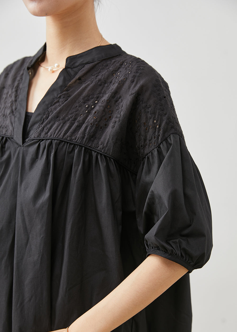 Black Embroidered Patchwork Cotton Blouse Tops Summer