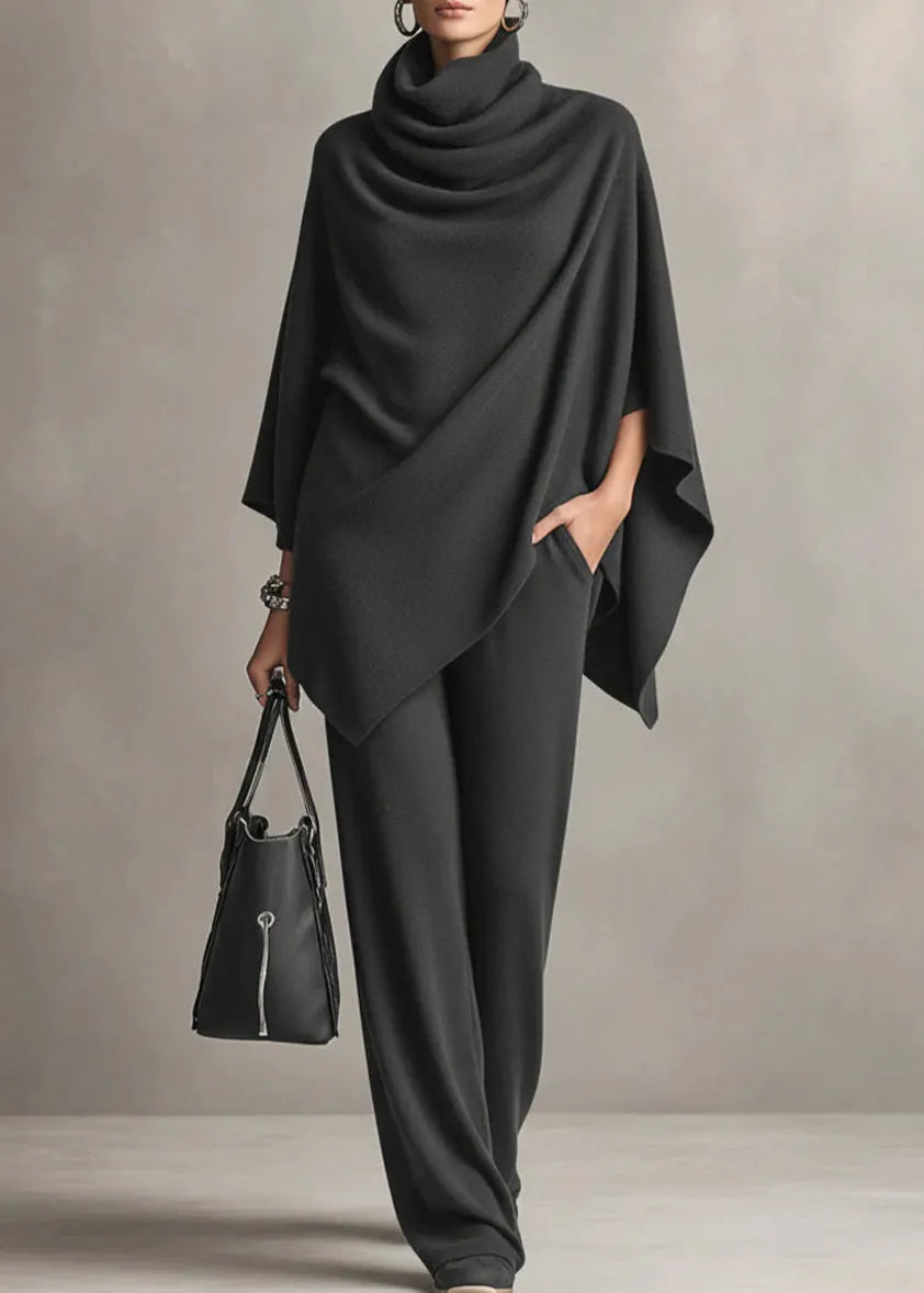 Loose Camel Turtleneck Pockets Tops and Pants Two-piece Set