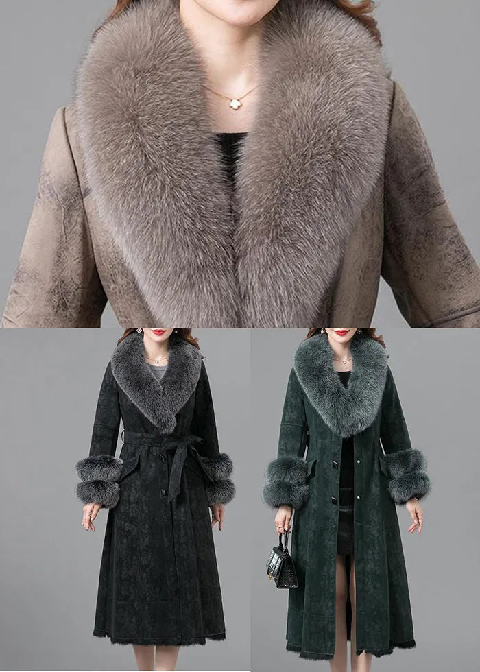 Black Warm Faux Rabbit Leather and Fur Coats Fox Collar Tie Waist Winter