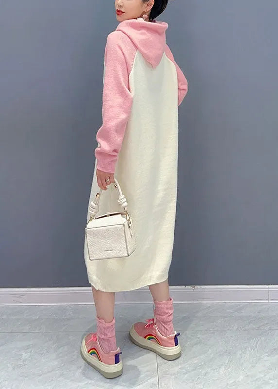 Pink Print Wrinkled Knit Maxi Sweater Dresses Long Sleeve