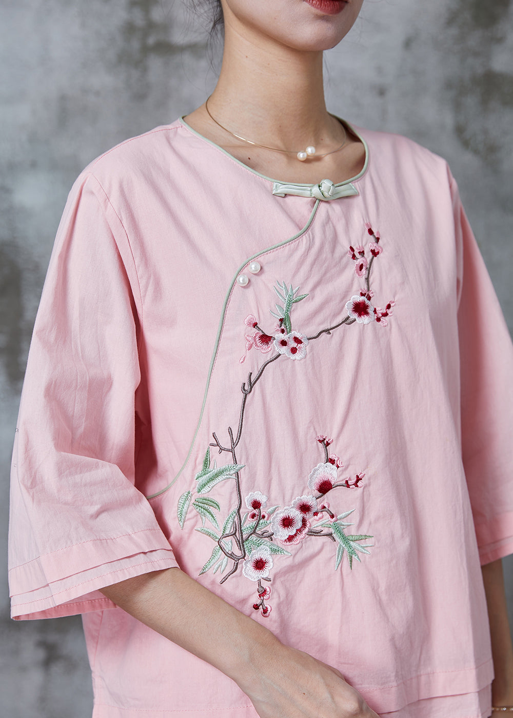 Pink Embroidered Oriental Cotton Two Piece Suit Set Summer