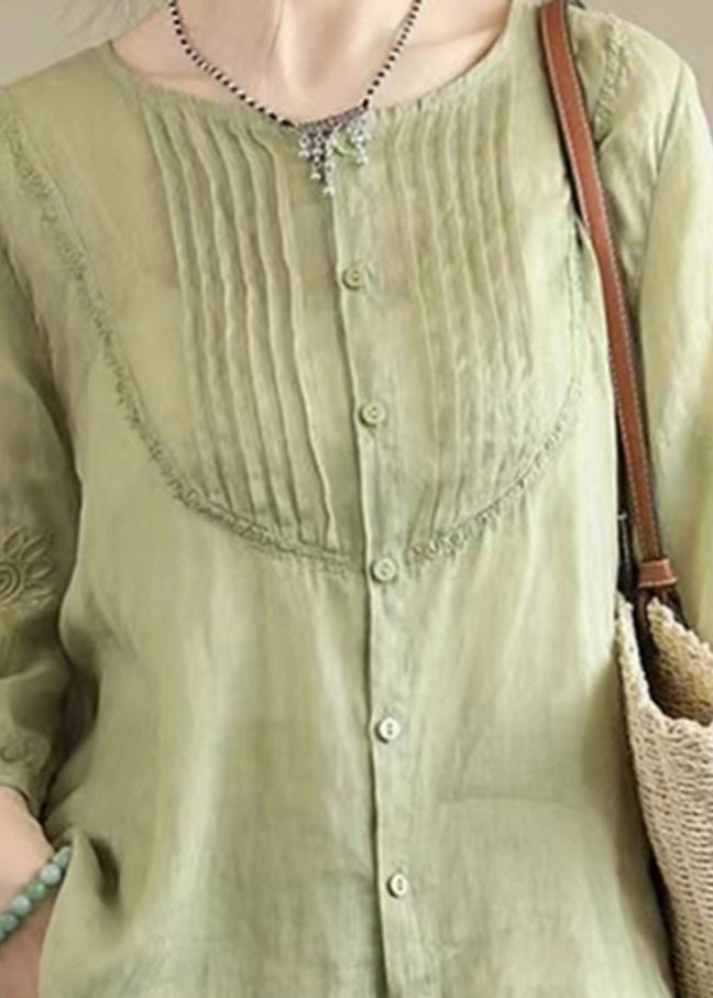 Unique Green O-nec Embroideried Wrinkled Ramie Top Fall