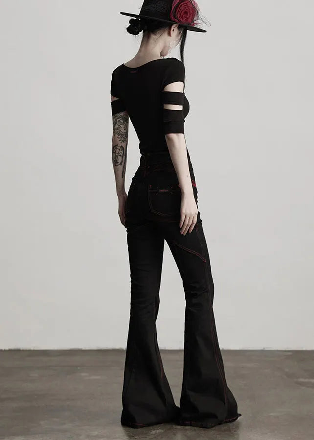 American Style Black Embroidered Pockets Cotton Flared Trousers Fall