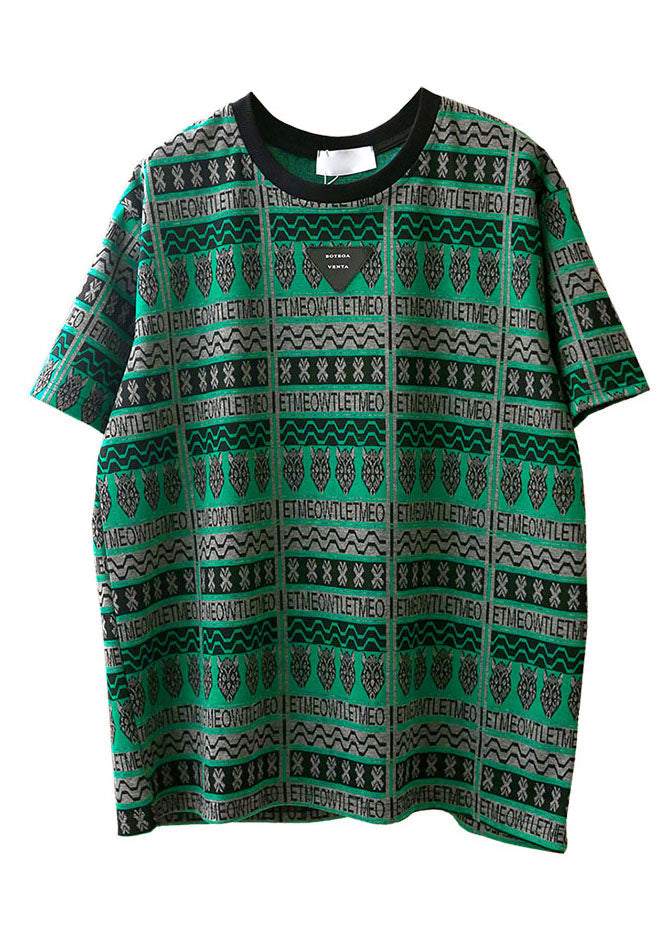 French Green O-neck Print Cotton Tank Tops Short Sleeve