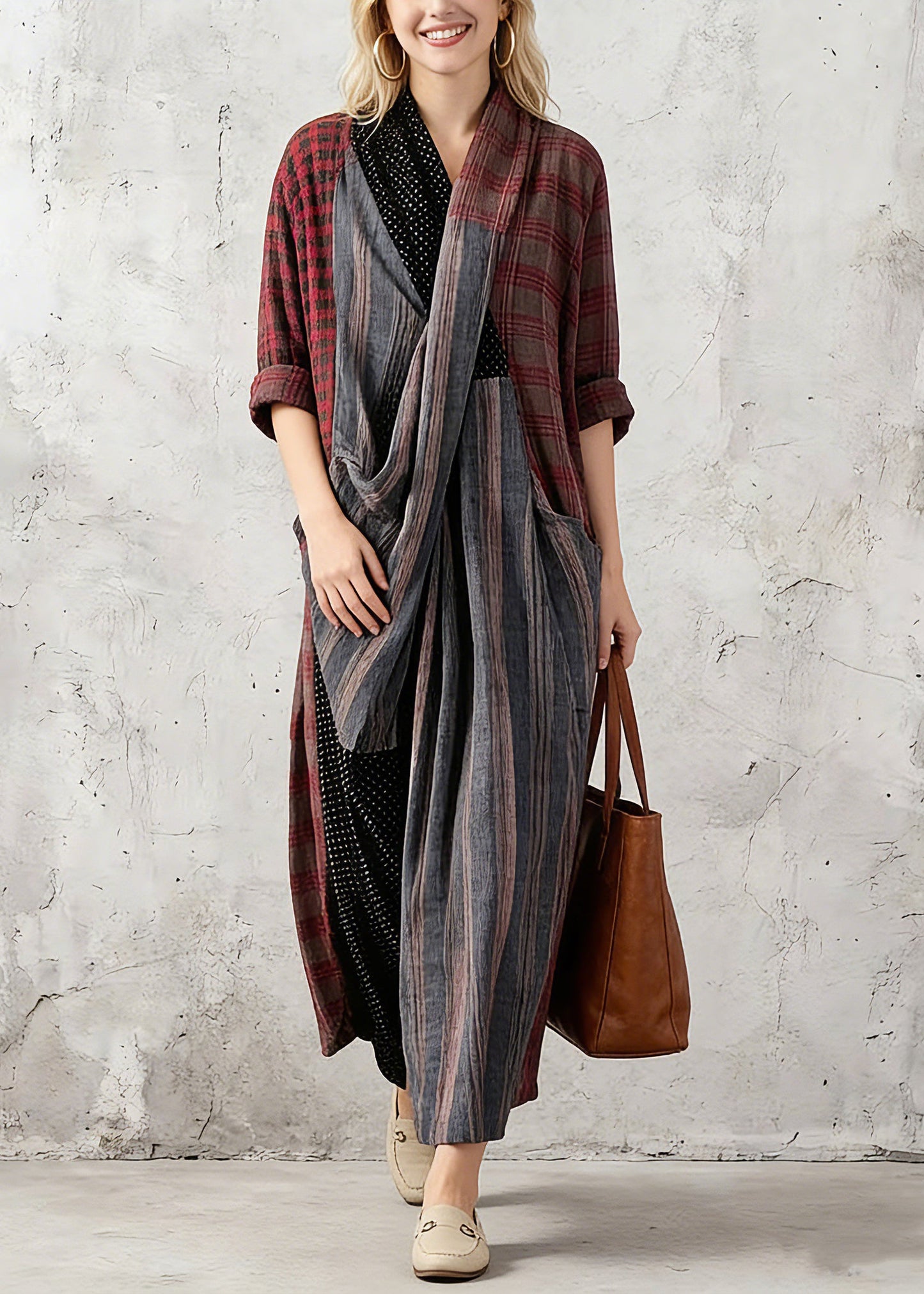 New Red Plaid Oversize V Neck Patchwork Linen Clothing Dress Pockets Asymmetrical Design Caftans Spring