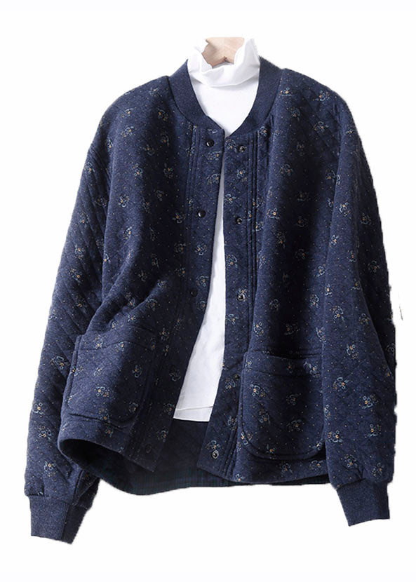Unique Apricot O-neck Print Button Pockets Thick Cotton Coats Winter