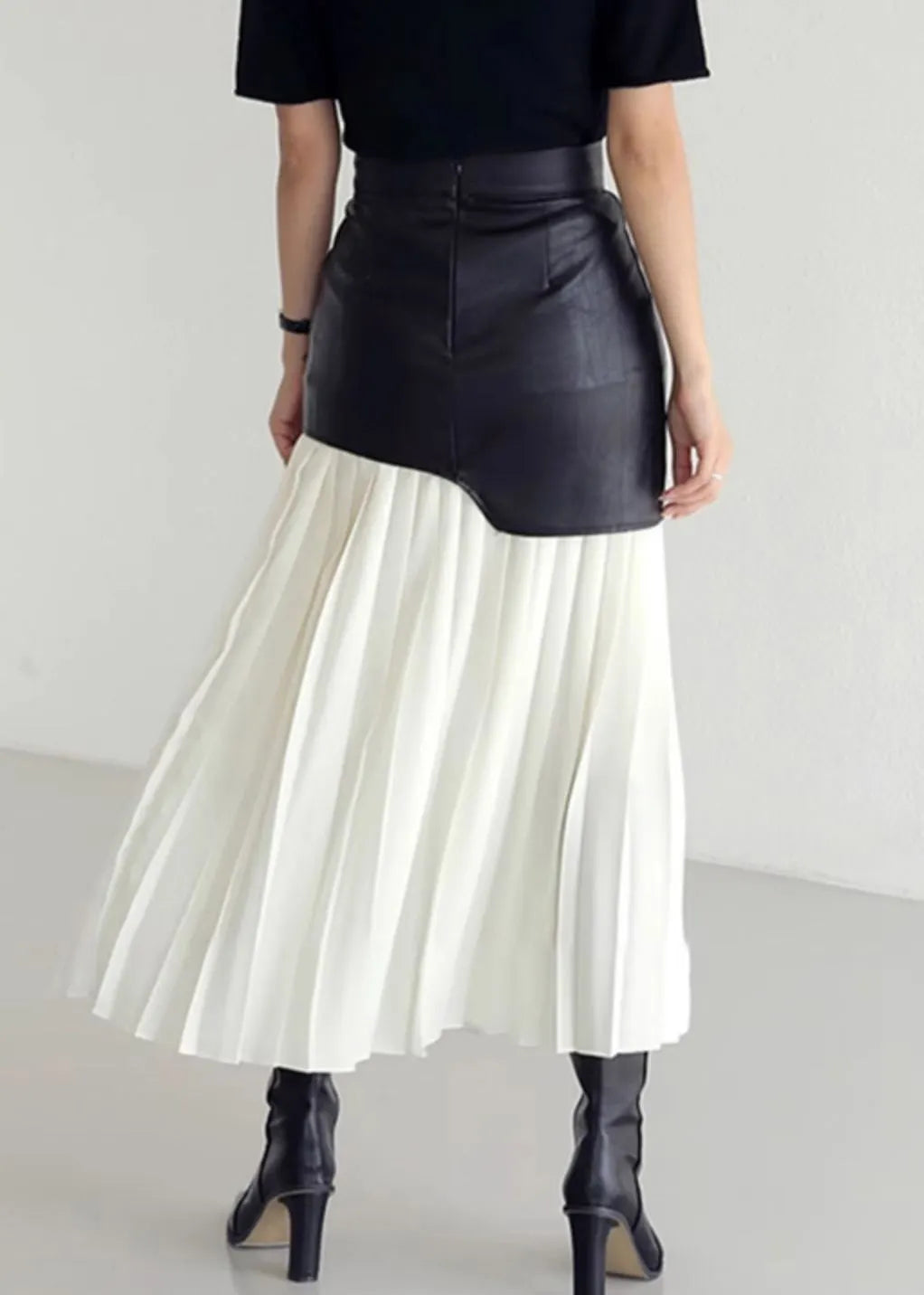 Slim Fit White Wrinkled High Waist Patchwork Faux Leather Skirt Summer