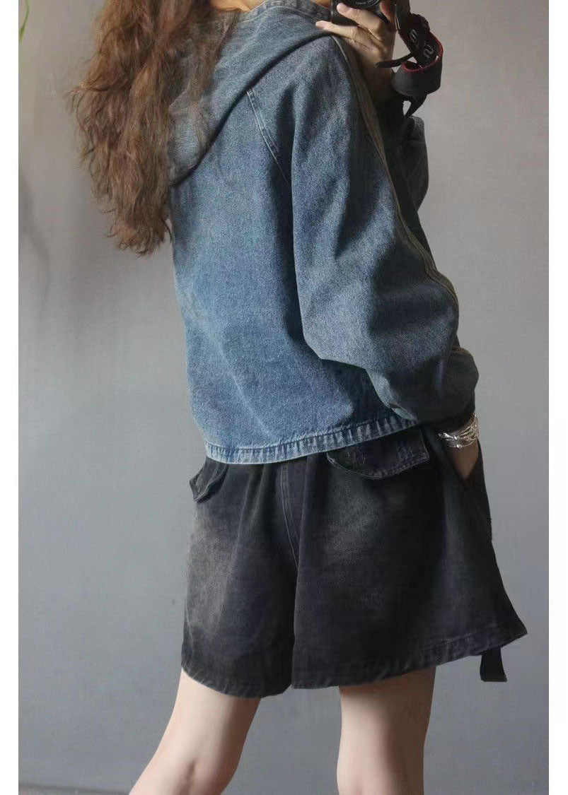 Hooded Pockets Button Fall Denim Sweatshirts