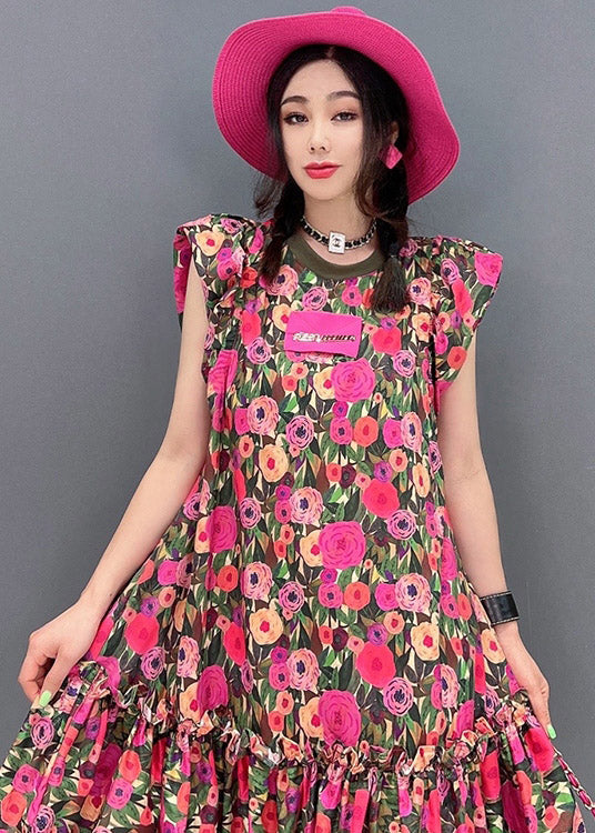 Unique O-neck Print Wrinkled Mid Dresses Short Sleeve