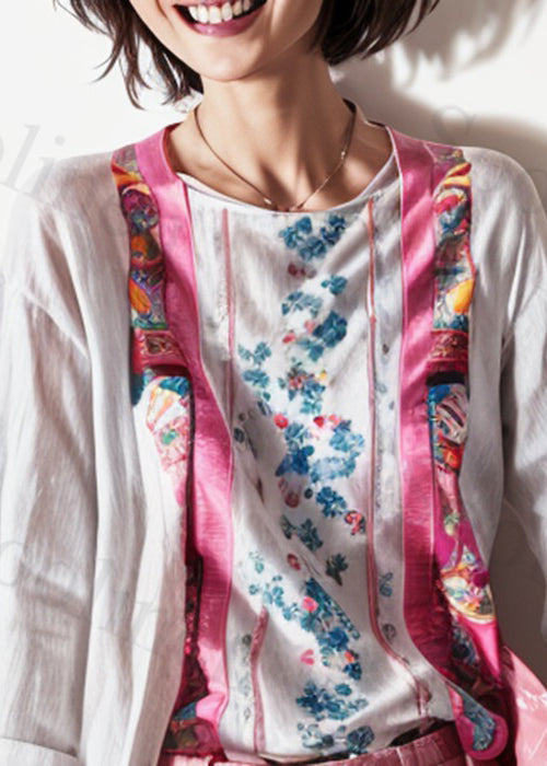 New White O Neck Print Patchwork Cotton Tops Long Sleeve