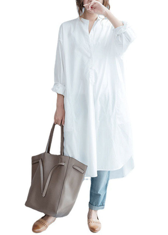 Fine White Pockets Button Side Open Fall Shirt Long Sleeve