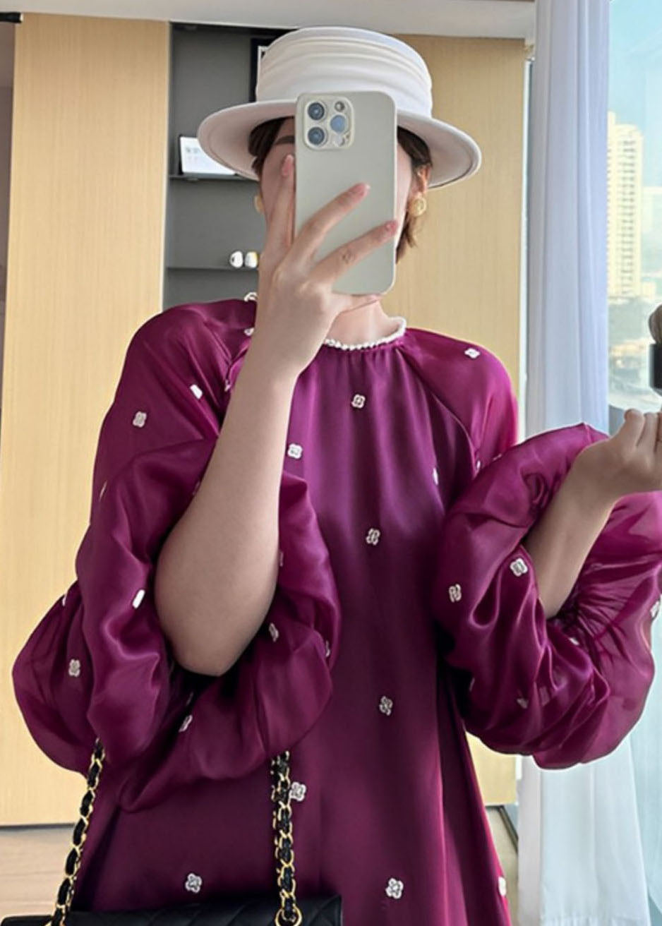 Purple O-neck Ruffled Patchwork Long Dresses Puff Sleeve