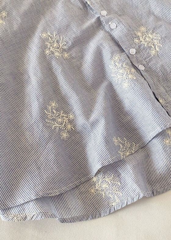 Blue Embroidered Striped Cotton Top Half Sleeve