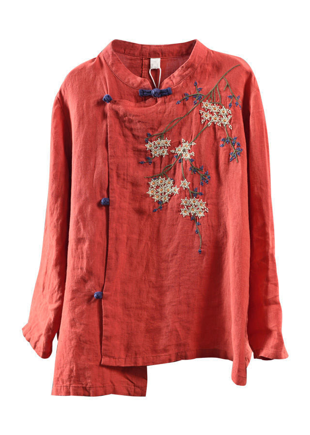 Orange O-neck Asymmetrical Design Button Embroideried Linen Top Long Sleeve