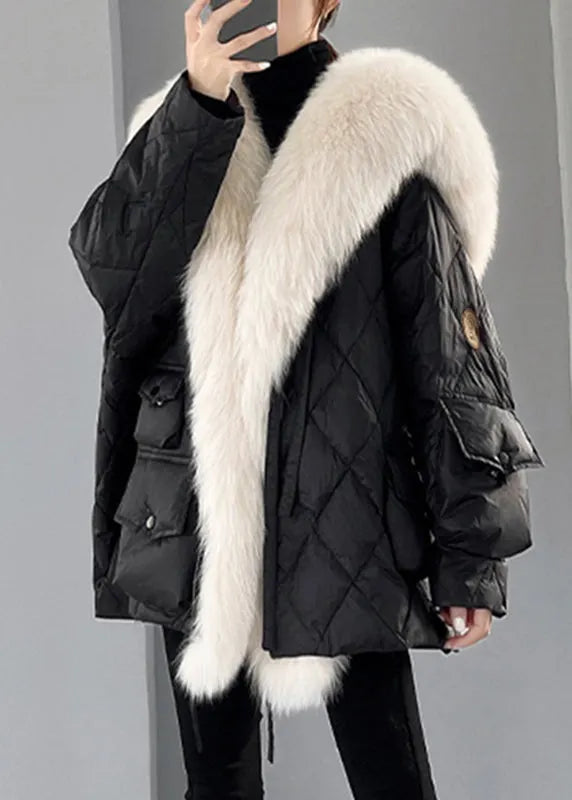 Novelty Green Fox Collar Patchwork Duck Down Puffer Jacket Winter