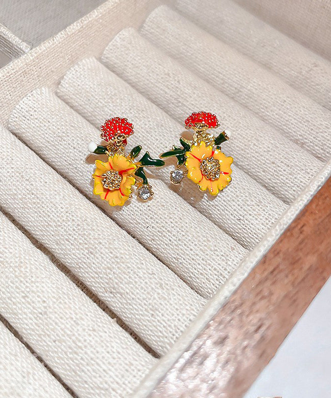 Art Yellow Alloy Zircon Pearl Drop Glaze Stud Earrings