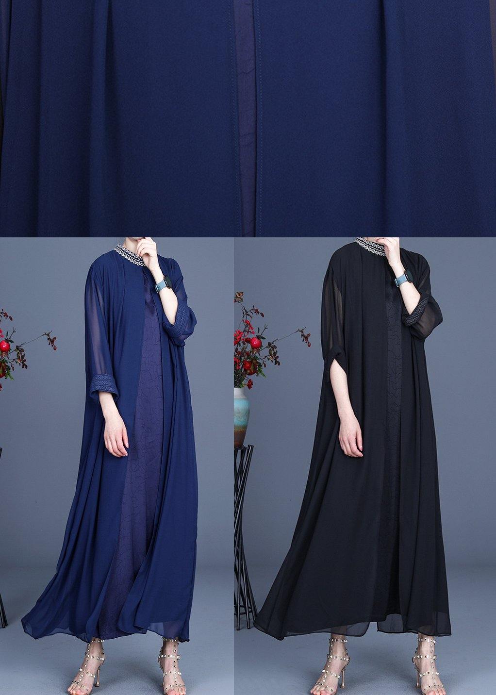 Fine Blue Embroidery Long Maxi Summer Spring Chiffon Dress