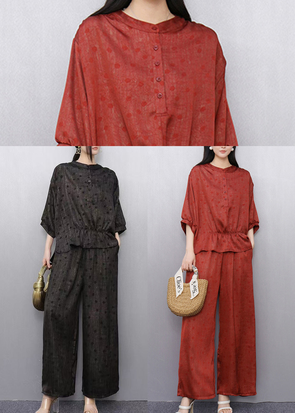 Brick Red Draping Silk Two Pieces Set Oversized Wrinkled Summer