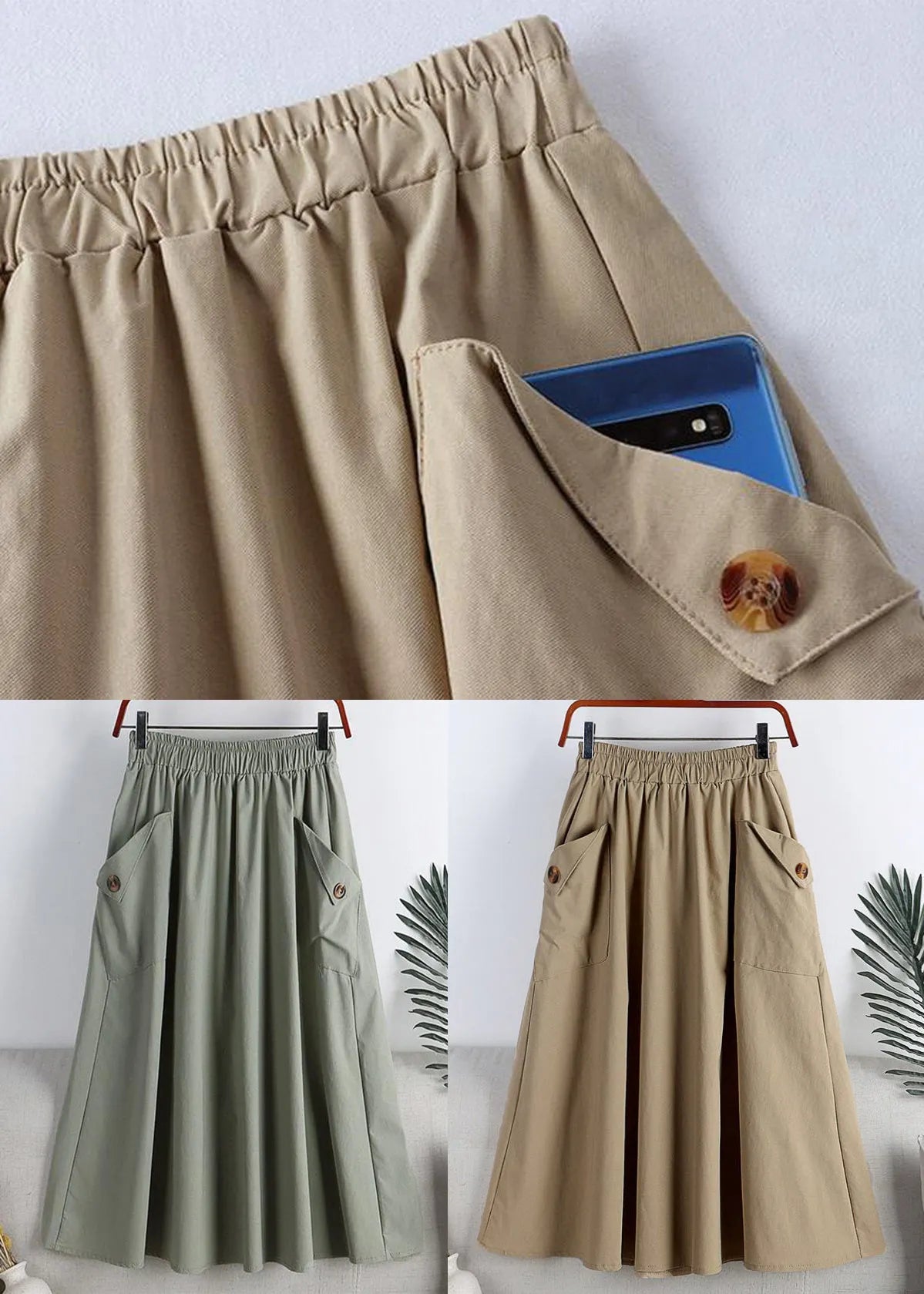 Light Green Elastic Waist Faux Leathe a Line Skirts Summer